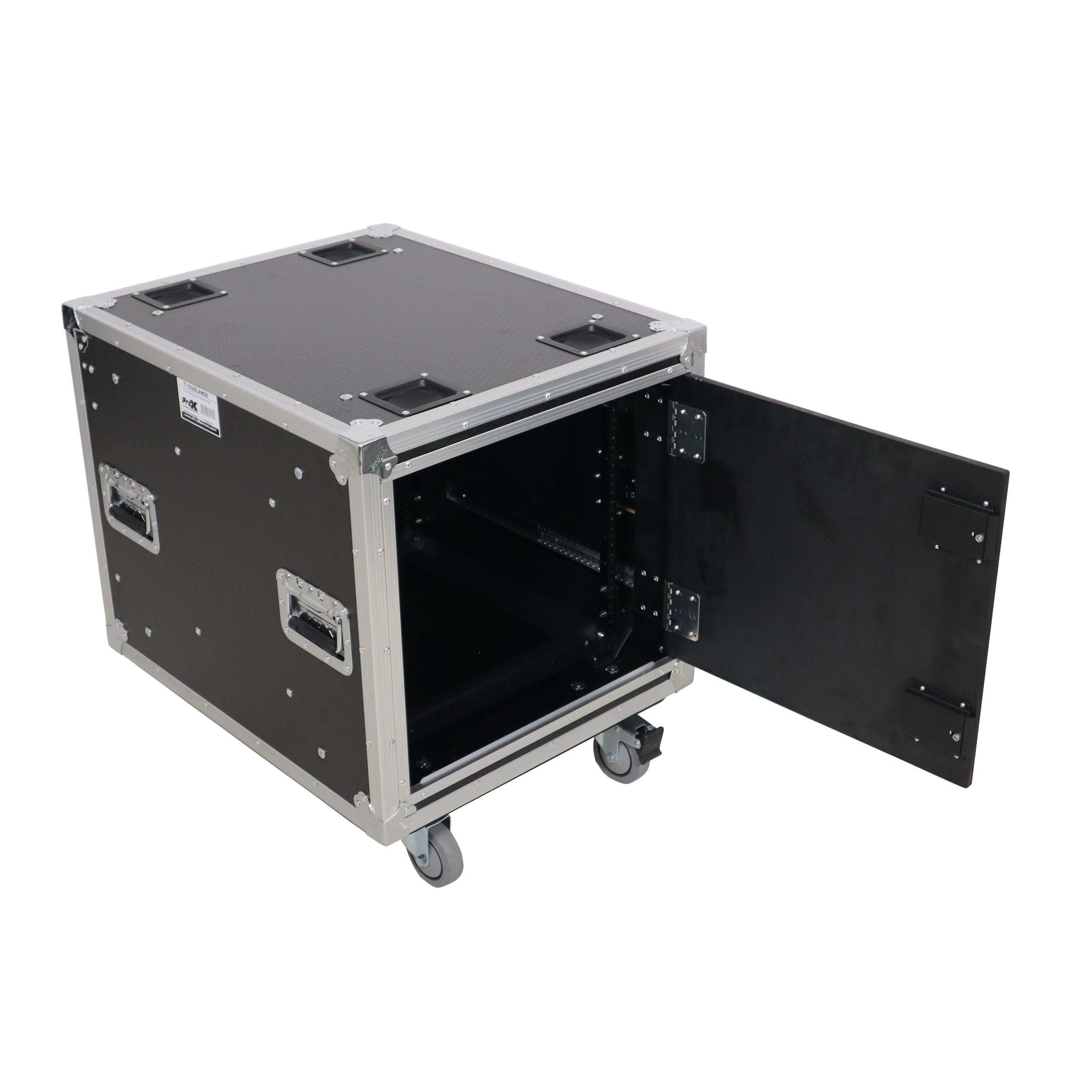 10U 20" Deep Vertical Rack to Rack Shock Mount Case with 2 Sliding Slam Doors & 4" Caster Wheels