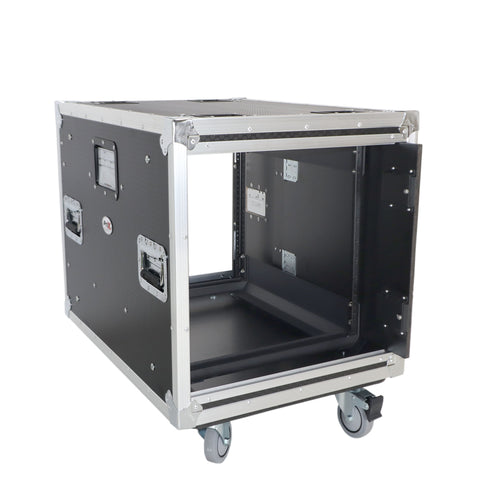 10U 24" Deep Vertical Rack to Rack Shock Mount Case with 2 Sliding Slam Doors & 4" Caster Wheels