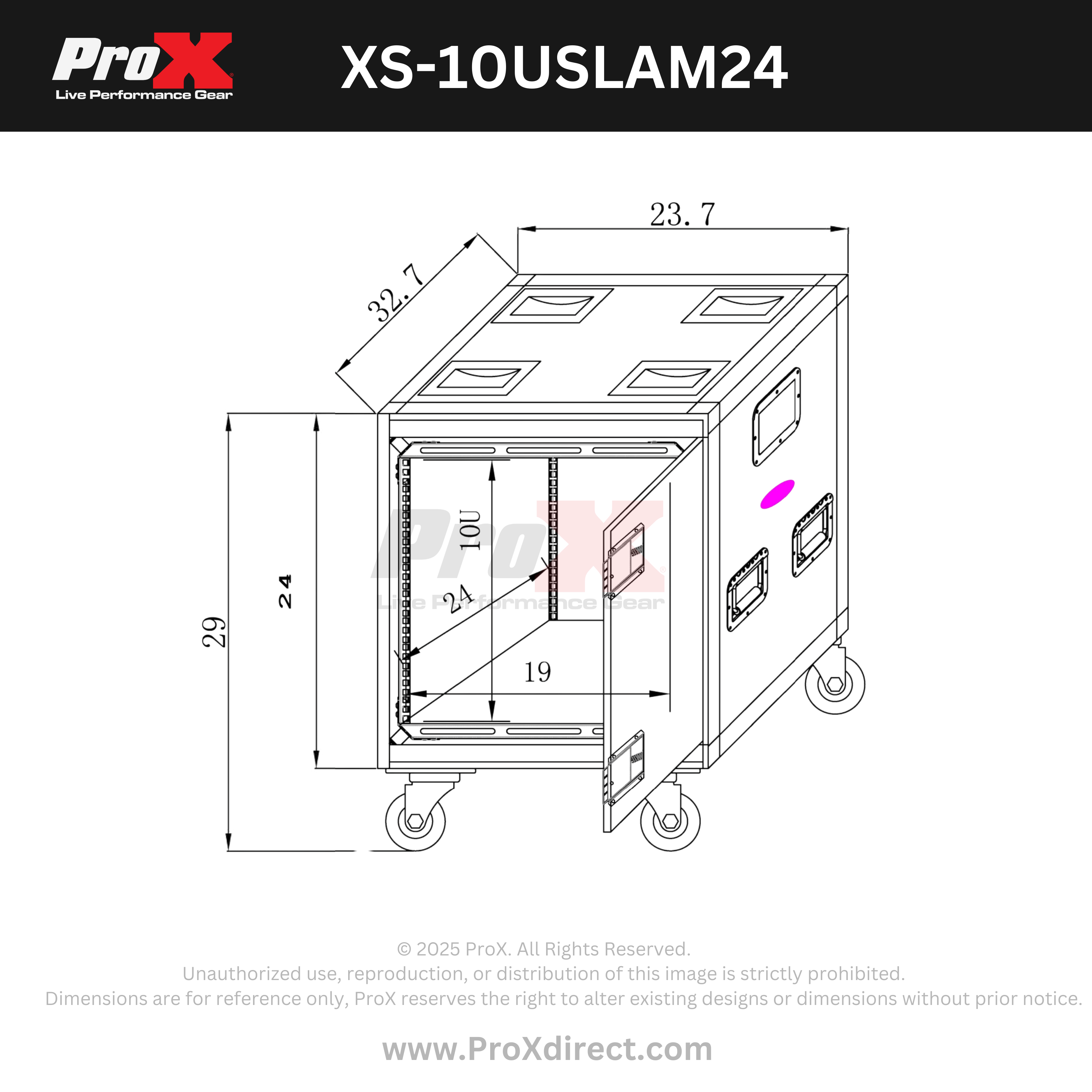 10U 24" Deep Vertical Rack to Rack Shock Mount Case with 2 Sliding Slam Doors & 4" Caster Wheels