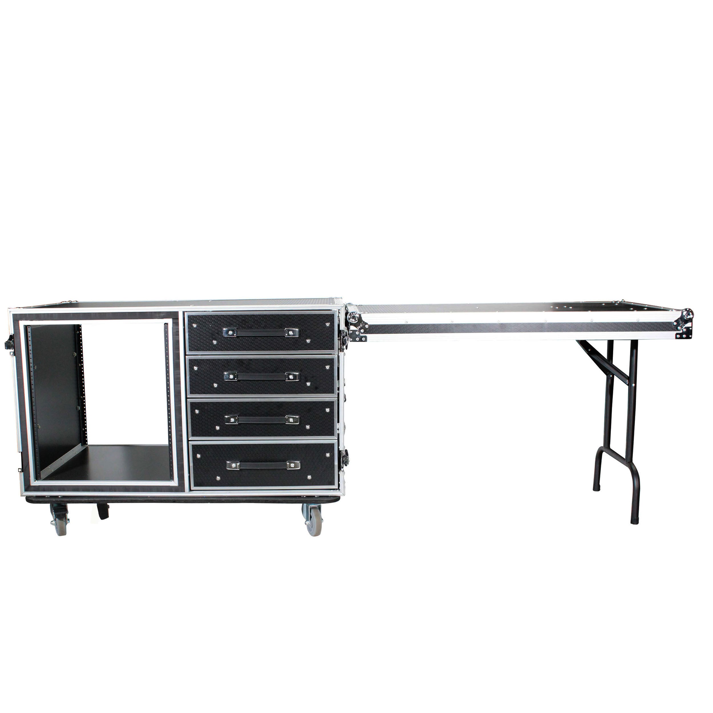12U Shockproof Workstation Case W-Dual Side Table and Drawers | 24 In Rail to Rail