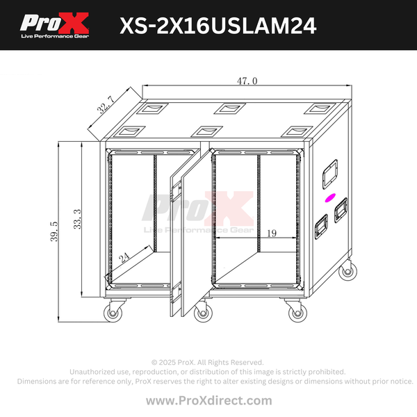 2X16U 24" Deep Vertical Rack to Rack Shock Mount Case with 2 Sliding Slam Doors & 6x4" Caster Wheels