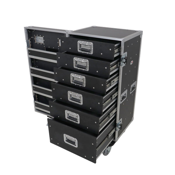 Pro 6 Utility Drawer Workbox ATA Flight Style Case with Hinged Storage Door and Five 5 inch Casters