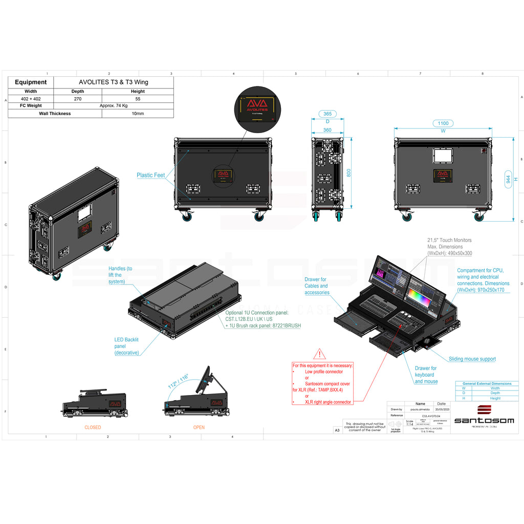 Flight case for Avolites AVOLITES T3 & T3 Wing Lighting controller with 4x casters by Santosom
