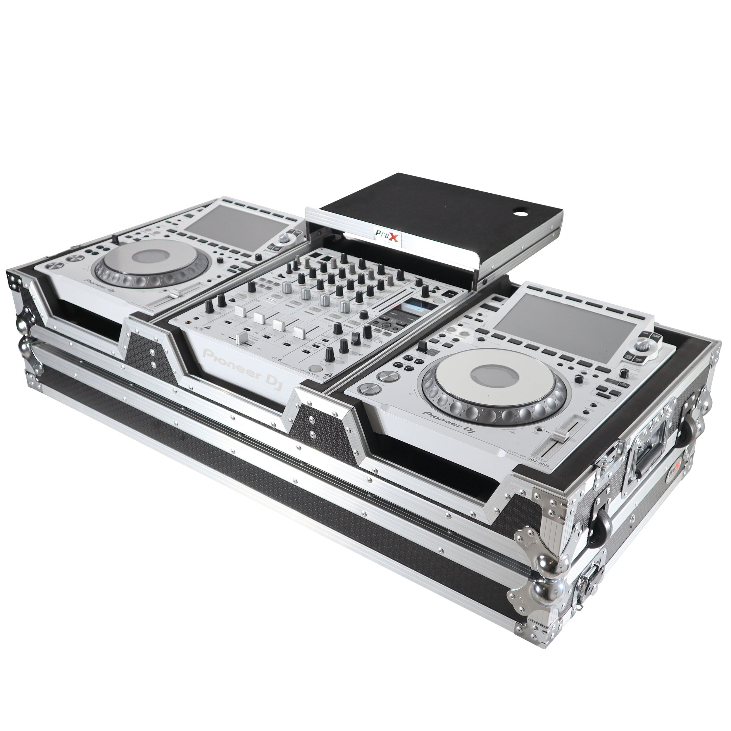 Flight Case DJ Coffin for Pioneer Mixer DJM-900NXS2 and 2 CDJ-3000 W-Wheels and Laptop Shelf