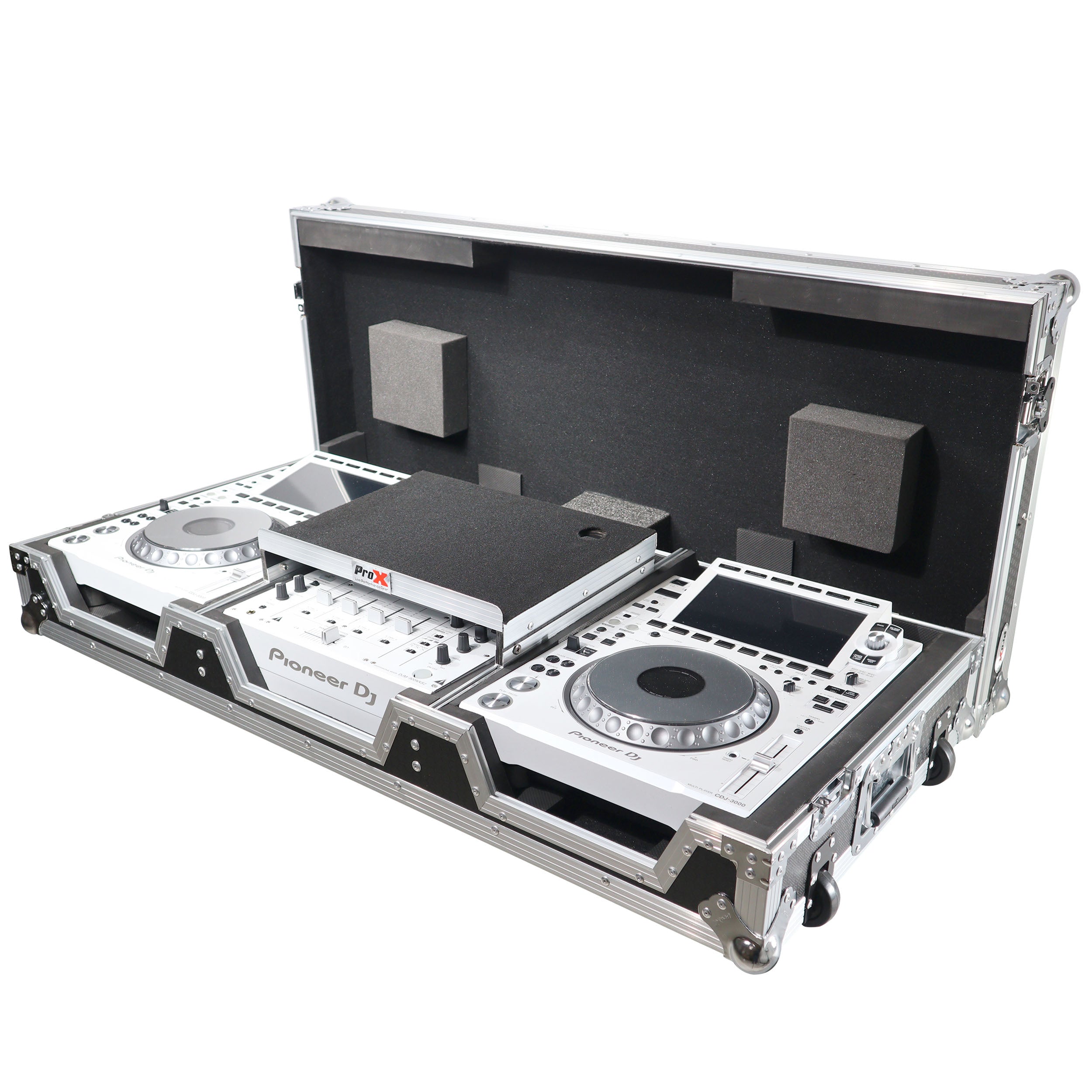 Flight Case DJ Coffin for Pioneer Mixer DJM-900NXS2 and 2 CDJ-3000 W-Wheels and Laptop Shelf