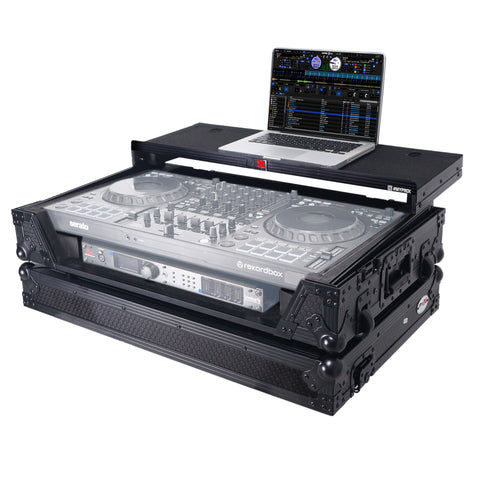 ATA Flight Style Road Case For Pioneer DDJ-FLX10 or DDJ-GRV6 with Laptop Shelf 1U Rack Space Wheels and LED Black Finish