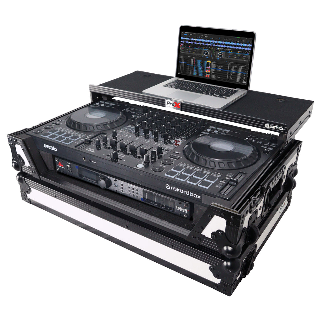 ATA Flight Style Road Case For Pioneer DDJ-FLX10 or DDJ-GRV6 with Laptop Shelf 1U Rack Space and Wheels White Black Finish