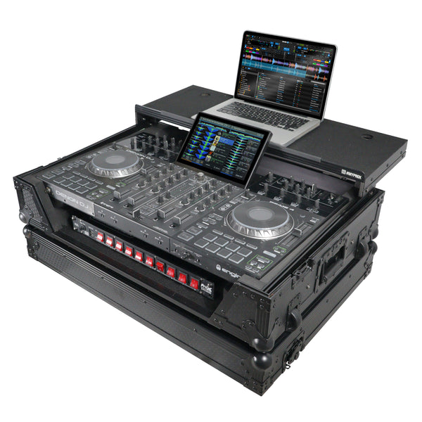 ATA Flight Case For Denon PRIME 4 MK2 DJ Controller with Laptop Shelf 1U Rack Space and Wheels - Black