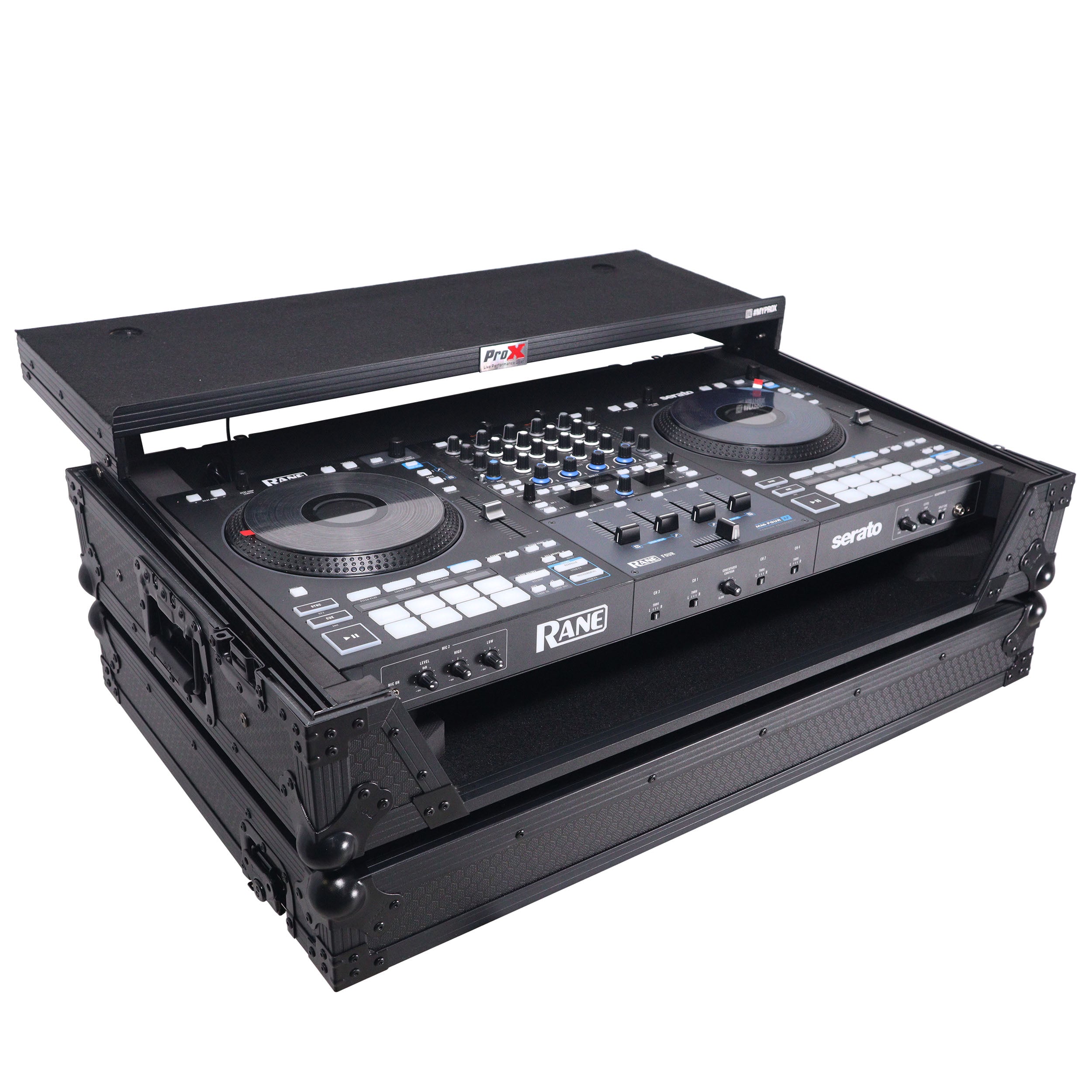 ATA Flight Style Road Case For RANE Four or RANE Performer DJ Controller with Laptop Shelf 1U Rack Space LED and Wheels - Black