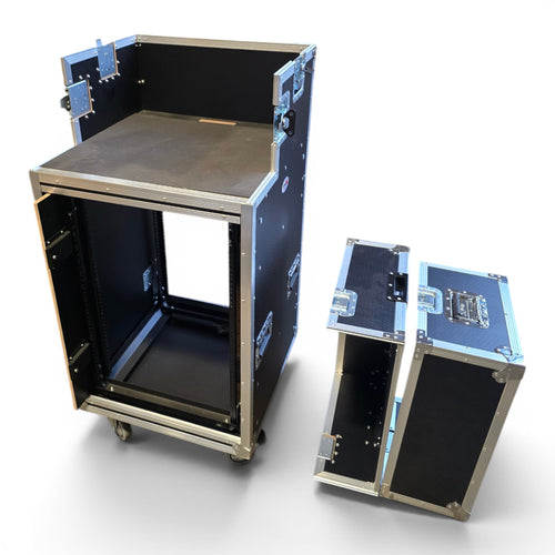16U Shockmount Slam Door Rack Flight Case with Integrated Console Compartment, Sliding Doors and Casters for AV Production