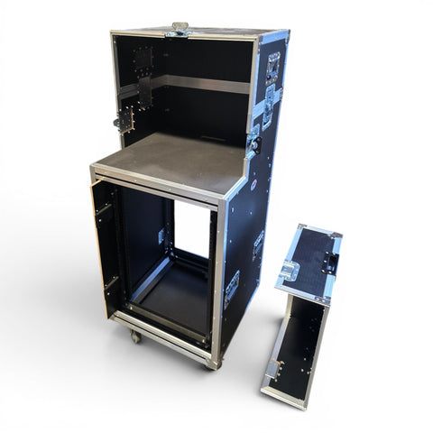 16U Shockmount Slam Door Rack Flight Case with Integrated Console Compartment, Sliding Doors and Casters for AV Production