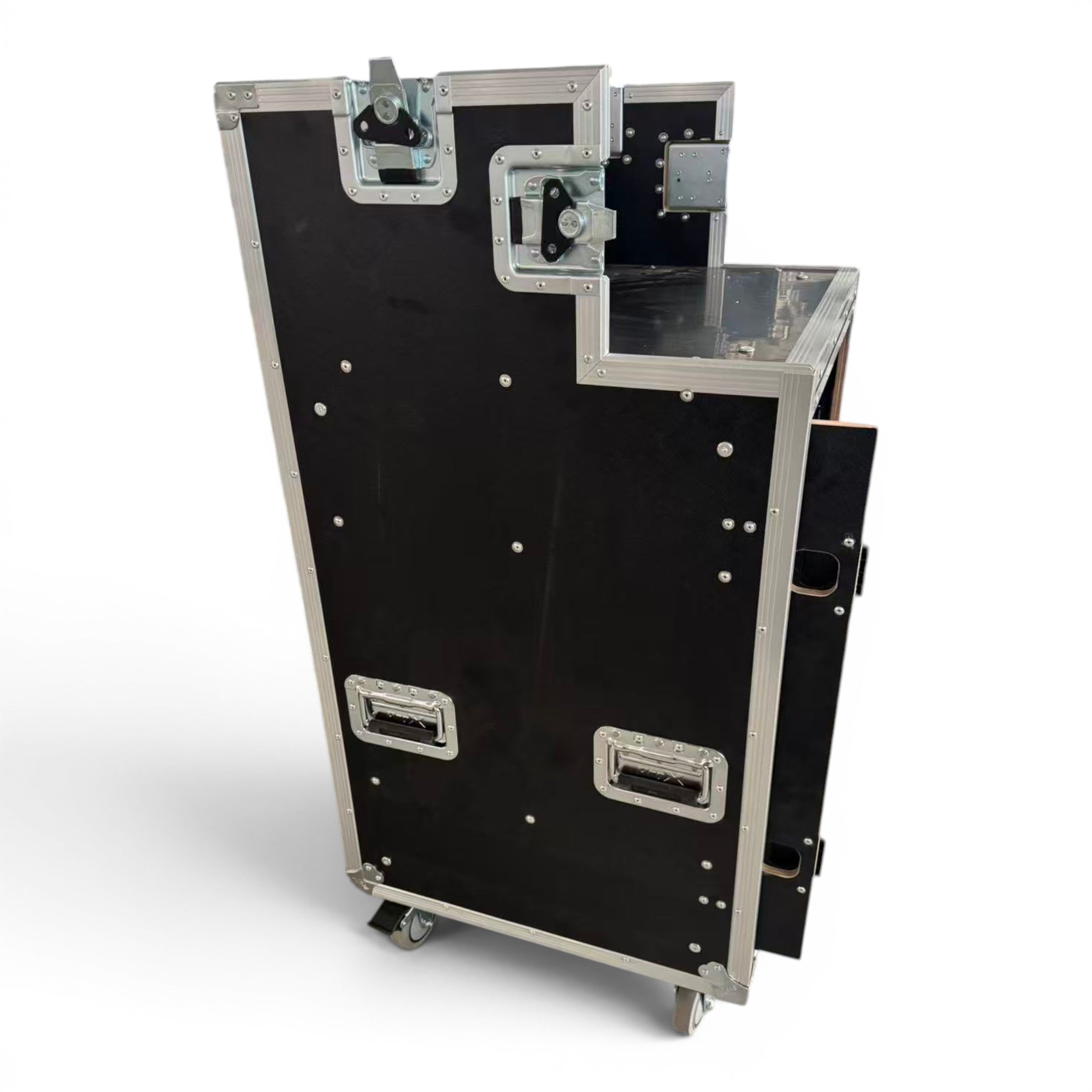 16U Shockmount Slam Door Rack Flight Case with Integrated Console Compartment, Sliding Doors and Casters for AV Production