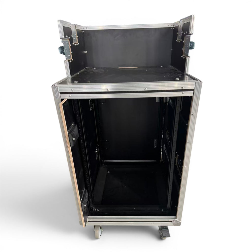 16U Shockmount Slam Door Rack Flight Case with Integrated Console Compartment, Sliding Doors and Casters for AV Production