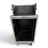 16U Shockmount Slam Door Rack Flight Case with Integrated Console Compartment, Sliding Doors and Casters for AV Production