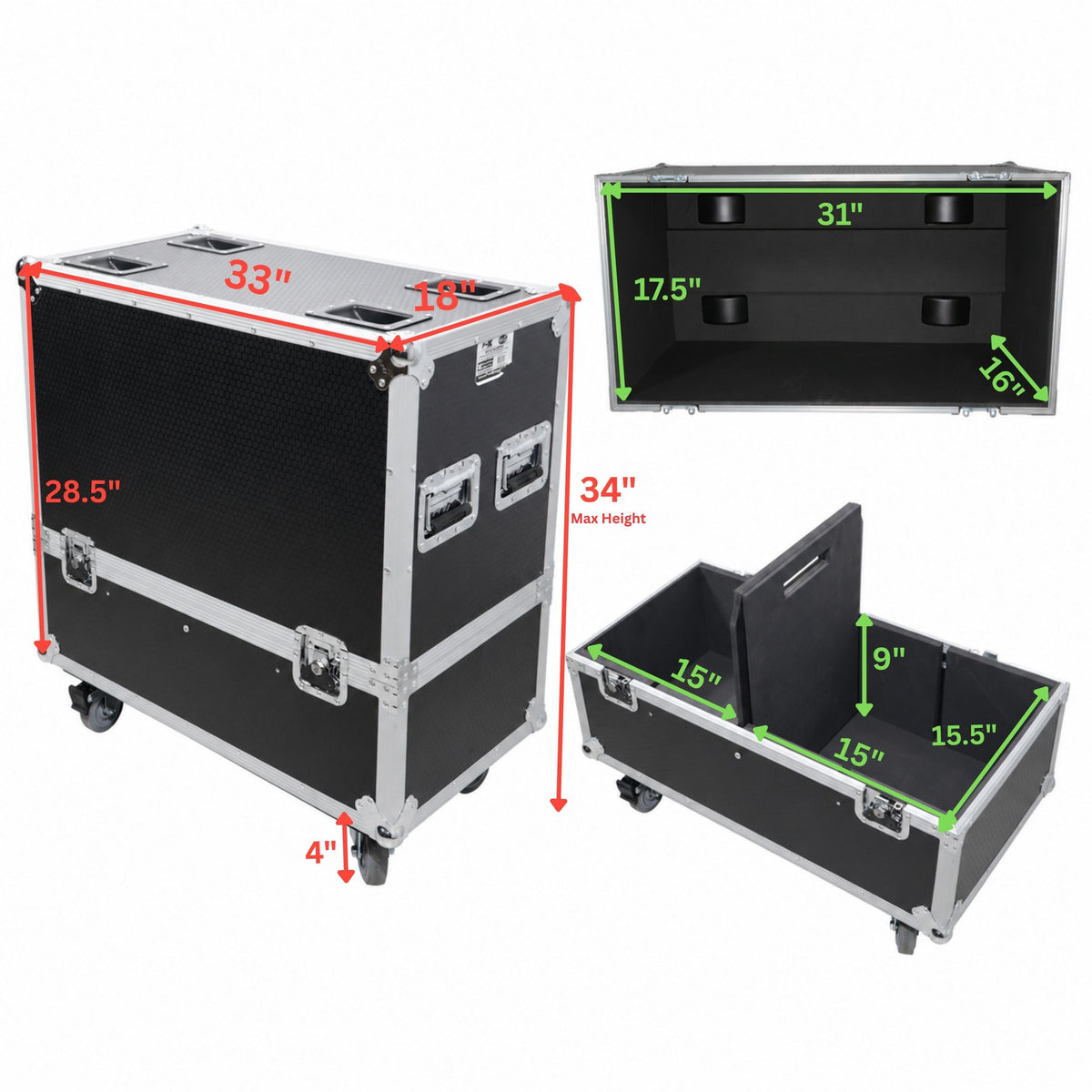 Universal ATA Dual Speaker Flight Case for 2x QSC K12 JBL PRX812 2x Speakers and similar size speakers 25x15x15 in.