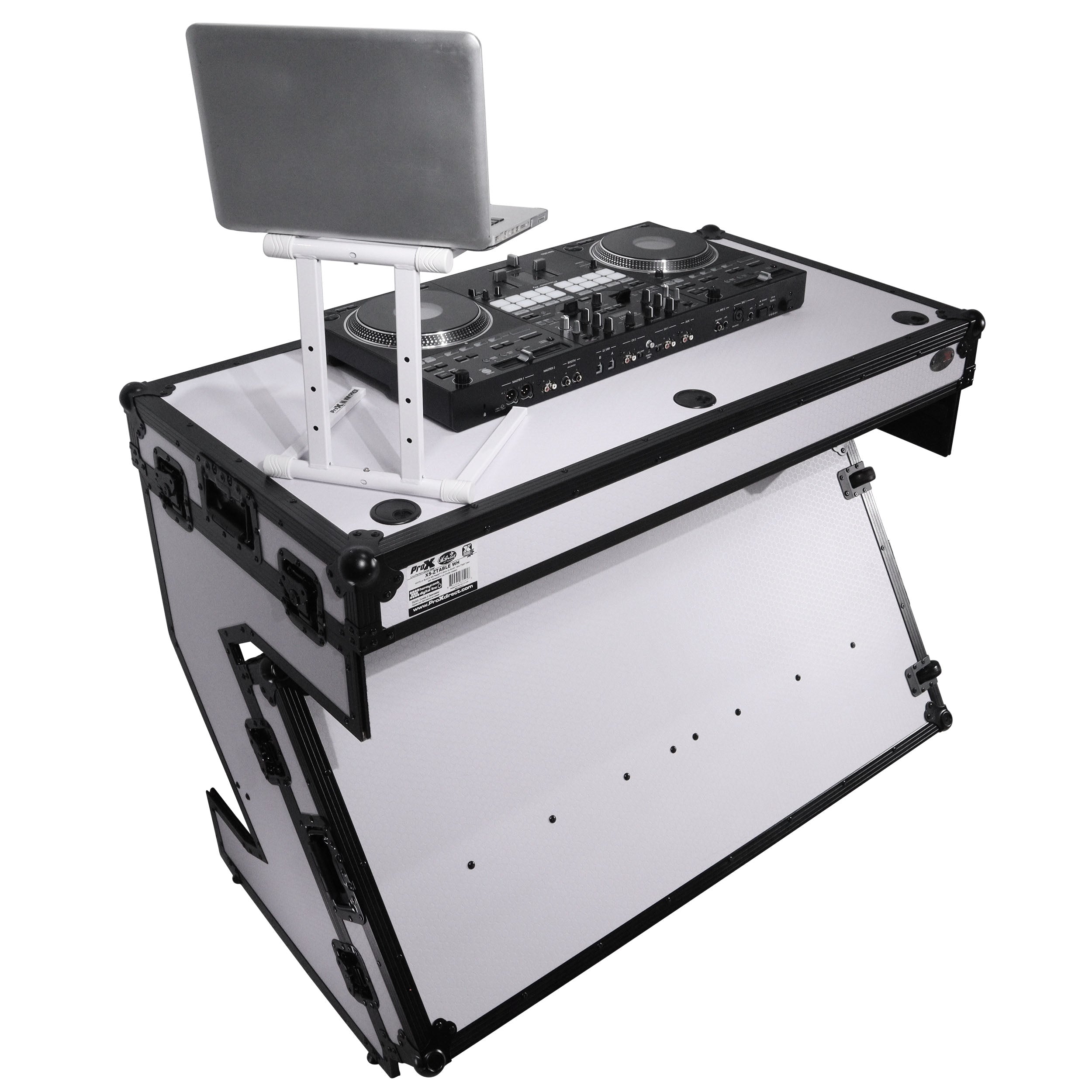 Z-Table Folding DJ Table Mobile Workstation Flight Case Style with Handles and Wheels - Black White Finish