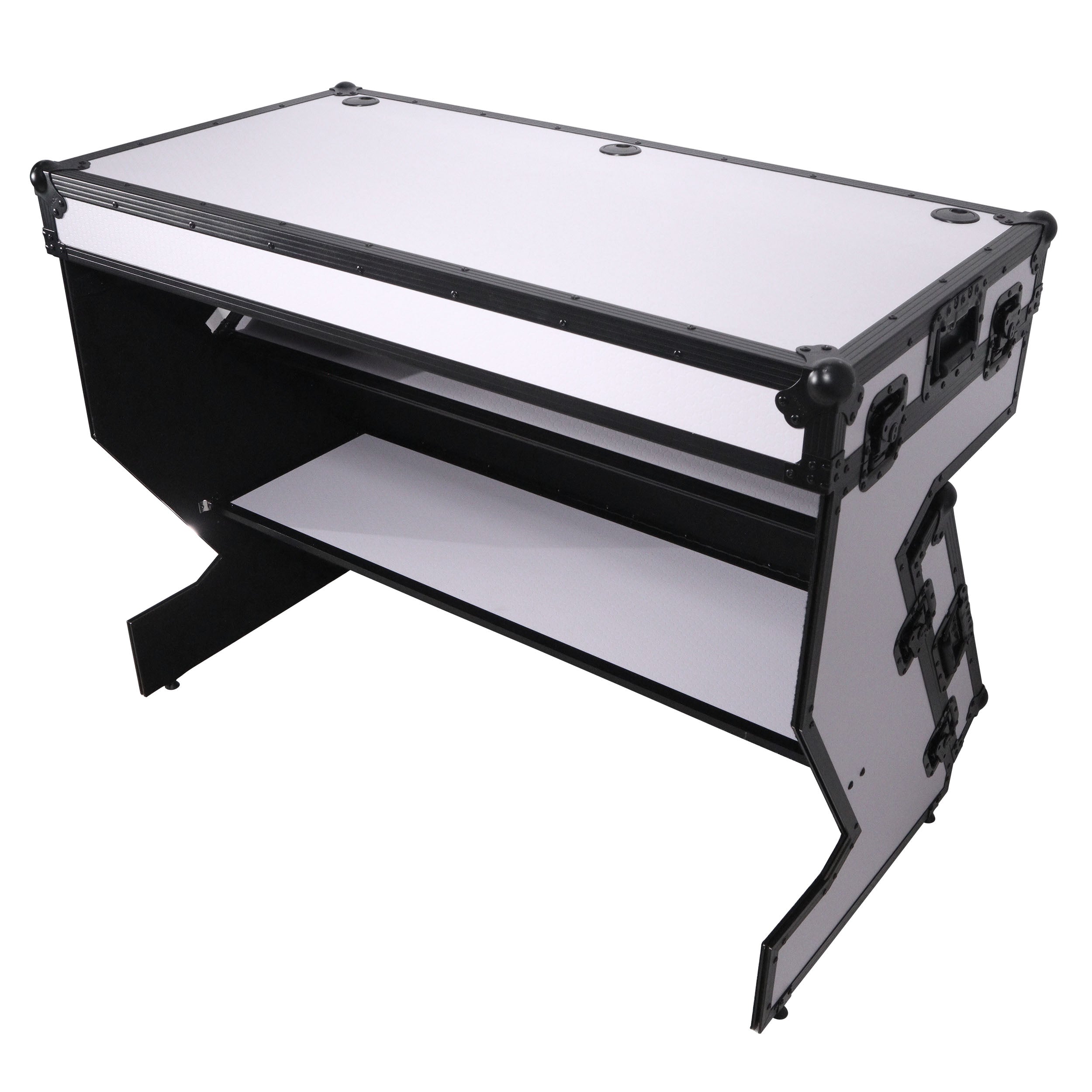 Z-Table Folding DJ Table Mobile Workstation Flight Case Style with Handles and Wheels - Black White Finish