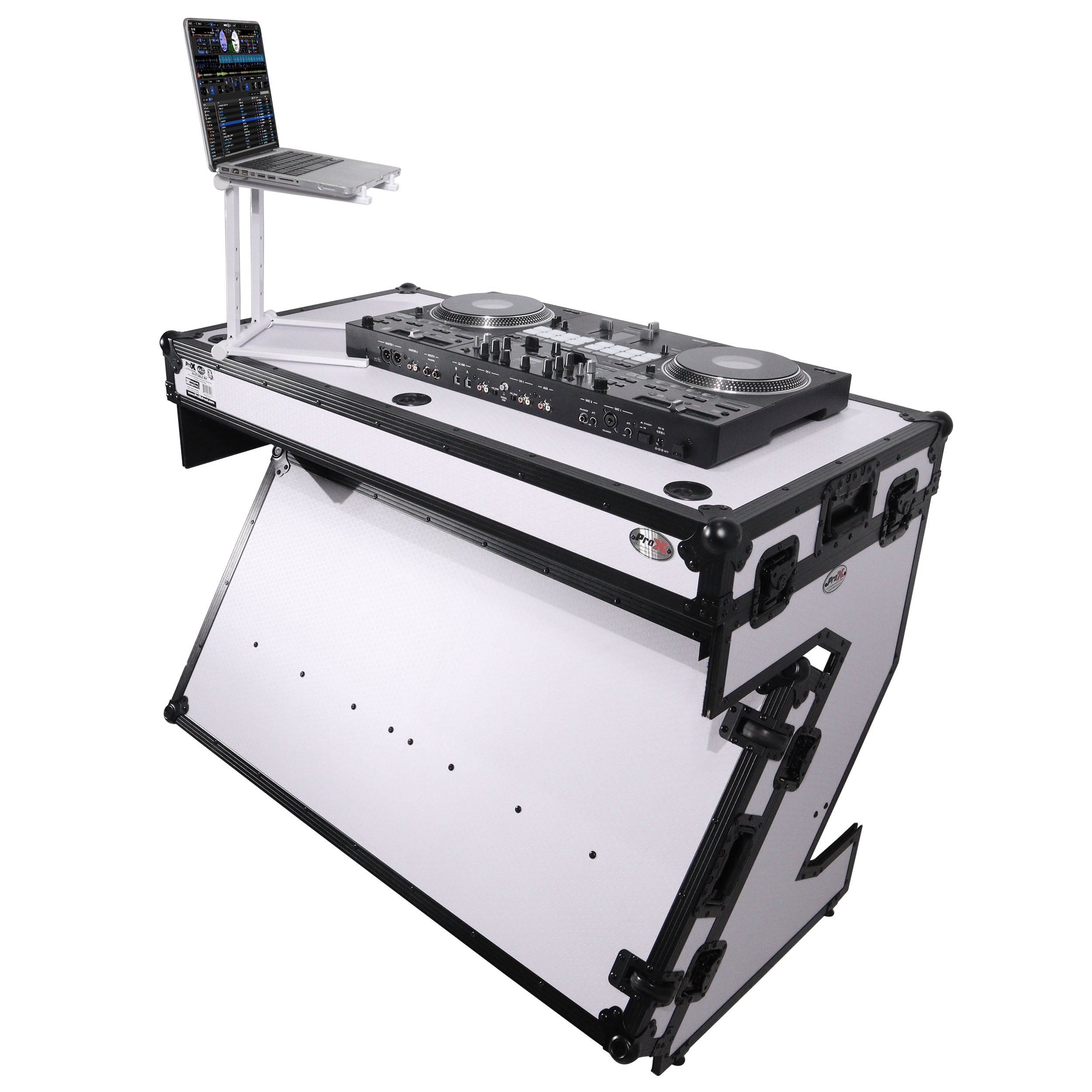 Z-Table Folding DJ Table Mobile Workstation Flight Case Style with Handles and Wheels - Black White Finish