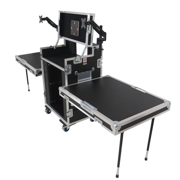 Video Control Workstation Flight Case 16U + 5U Rack with Dual Side Tables & Triple Monitor Mount by Santosom