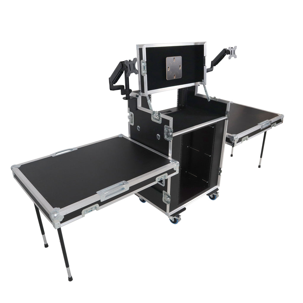 Video Control Workstation Flight Case 16U + 5U Rack with Dual Side Tables & Triple Monitor Mount by Santosom