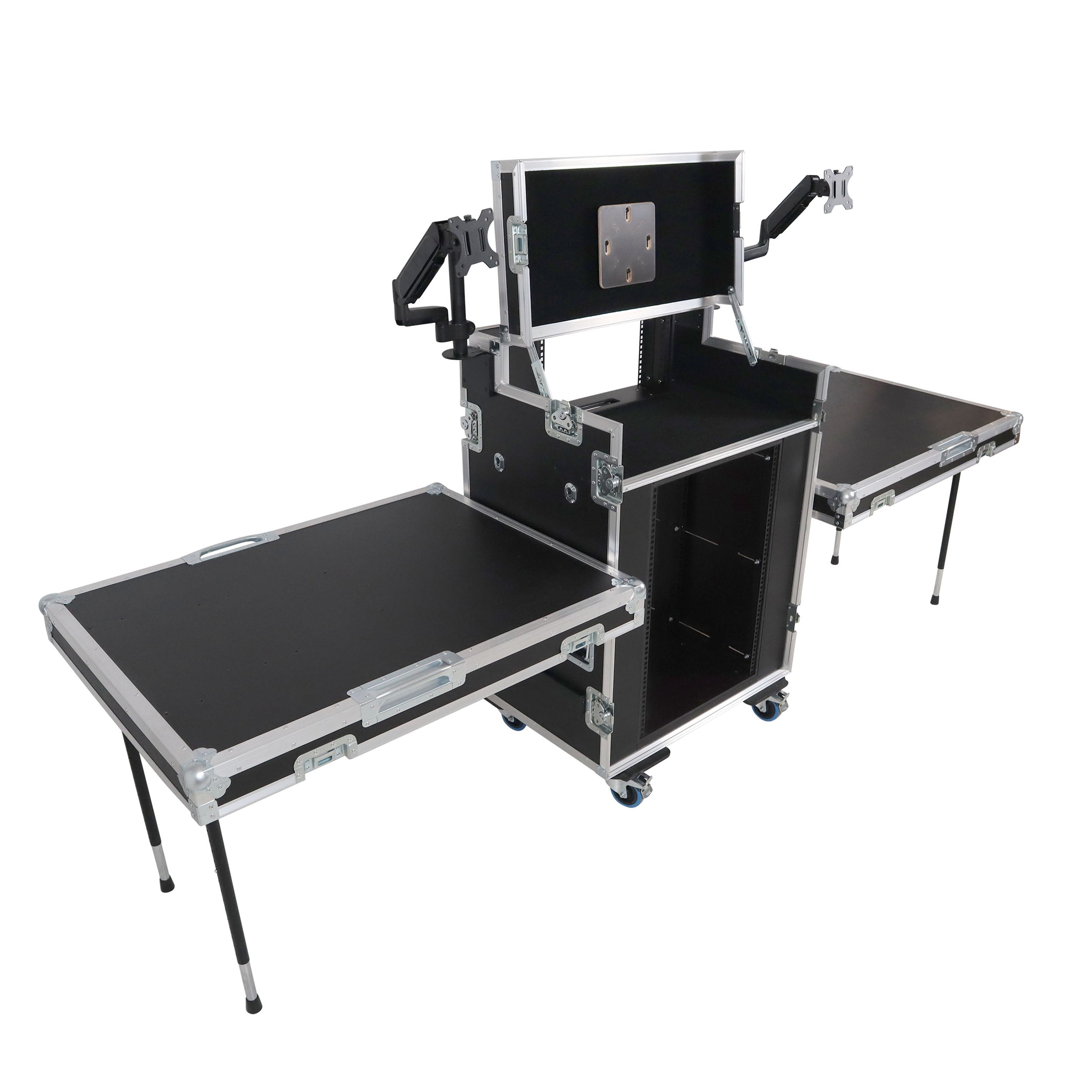 Video Control Workstation Flight Case 16U + 5U Rack with Dual Side Tables & Triple Monitor Mount by Santosom