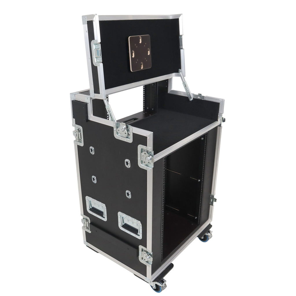 Video Control Workstation Flight Case 16U + 5U Rack with Dual Side Tables & Triple Monitor Mount by Santosom