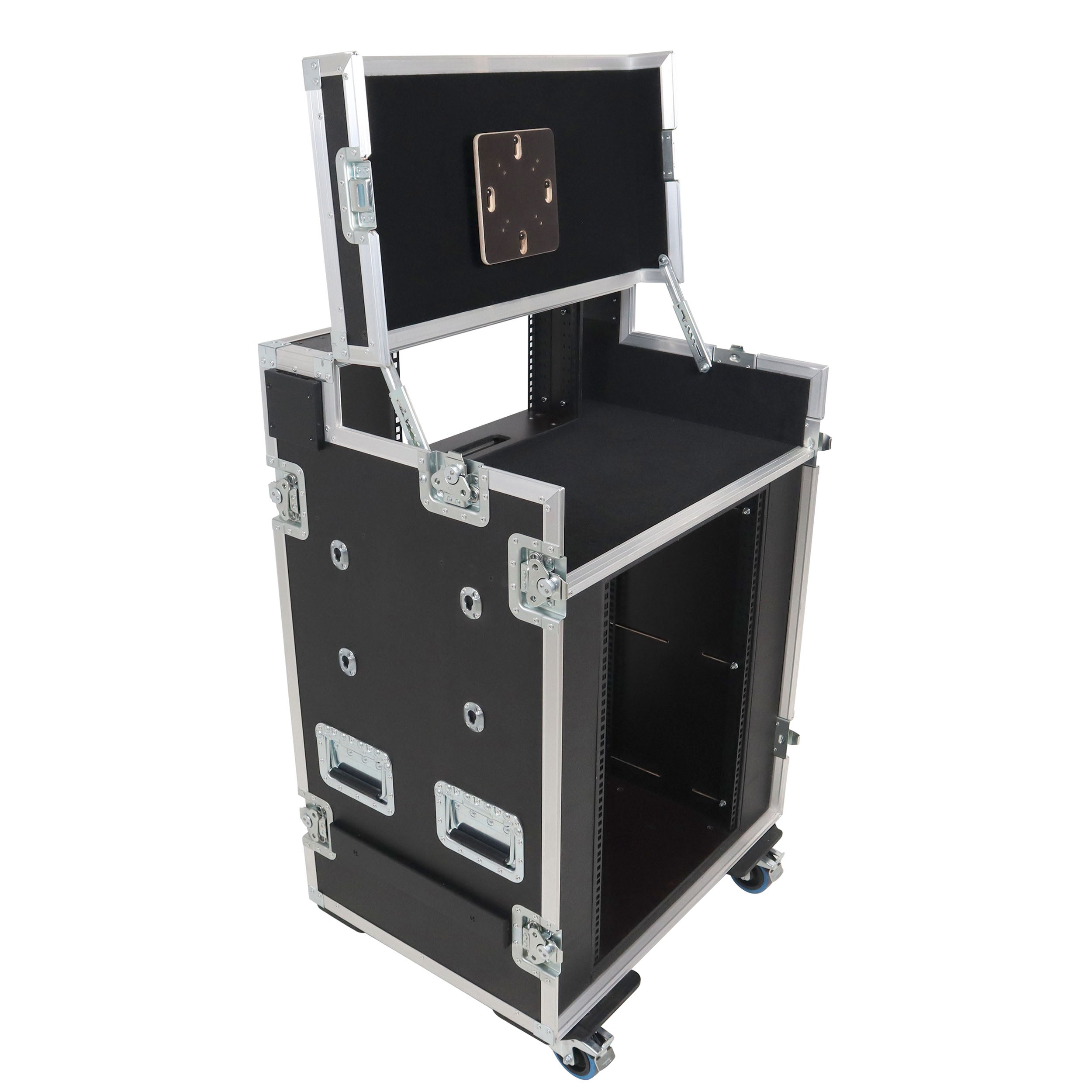 Video Control Workstation Flight Case 16U + 5U Rack with Dual Side Tables & Triple Monitor Mount by Santosom