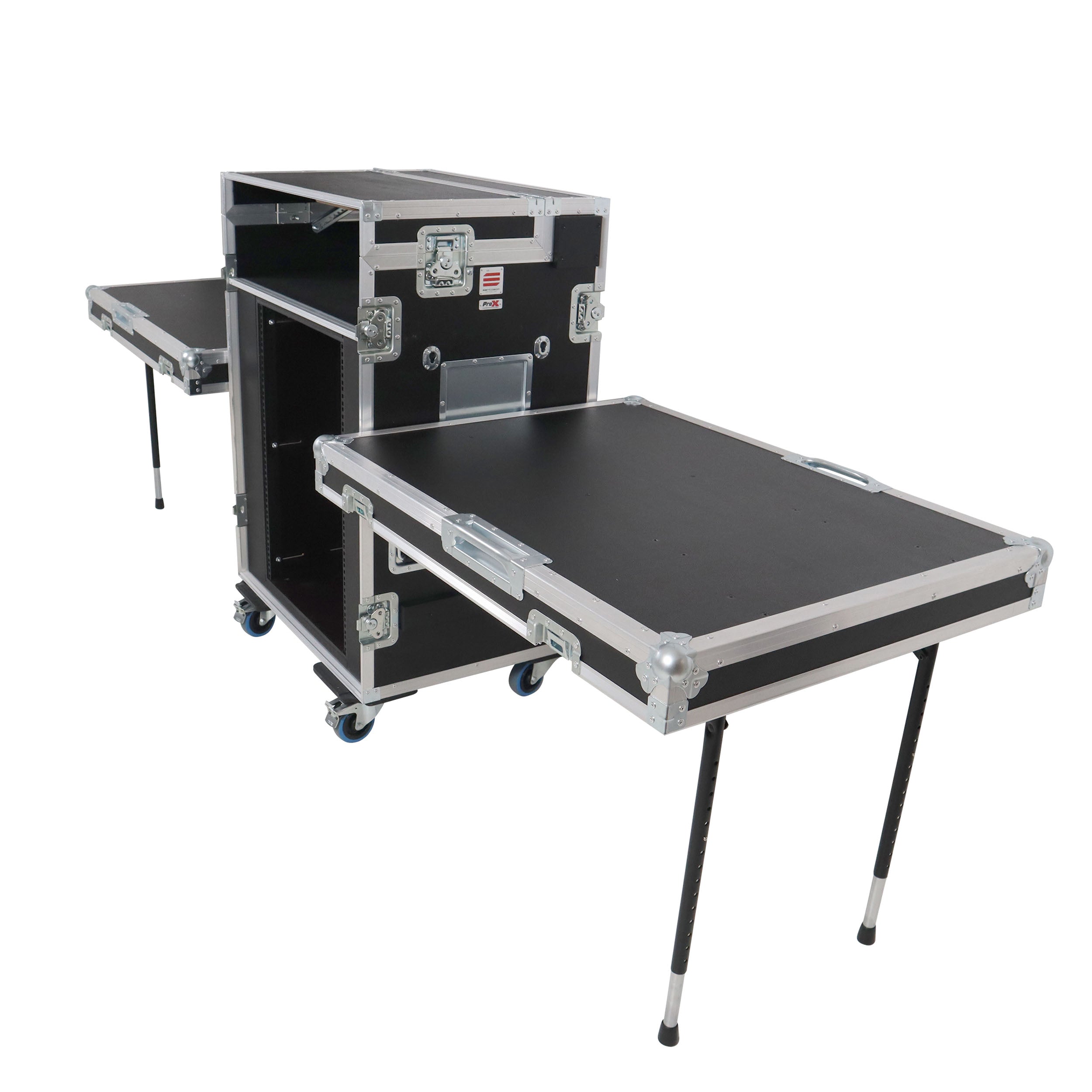 Video Control Workstation Flight Case 16U + 5U Rack with Dual Side Tables & Triple Monitor Mount by Santosom