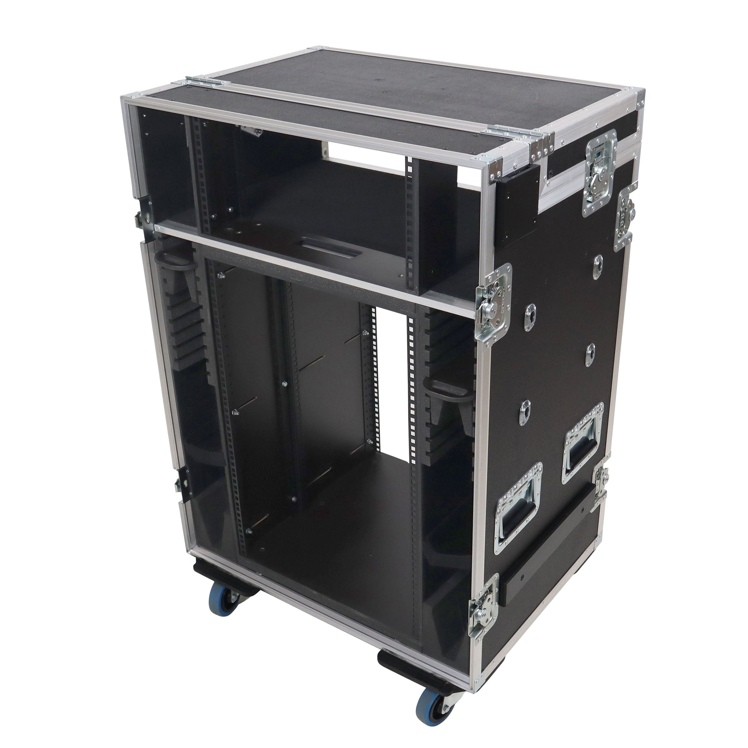 Video Control Workstation Flight Case 16U + 5U Rack with Dual Side Tables & Triple Monitor Mount by Santosom