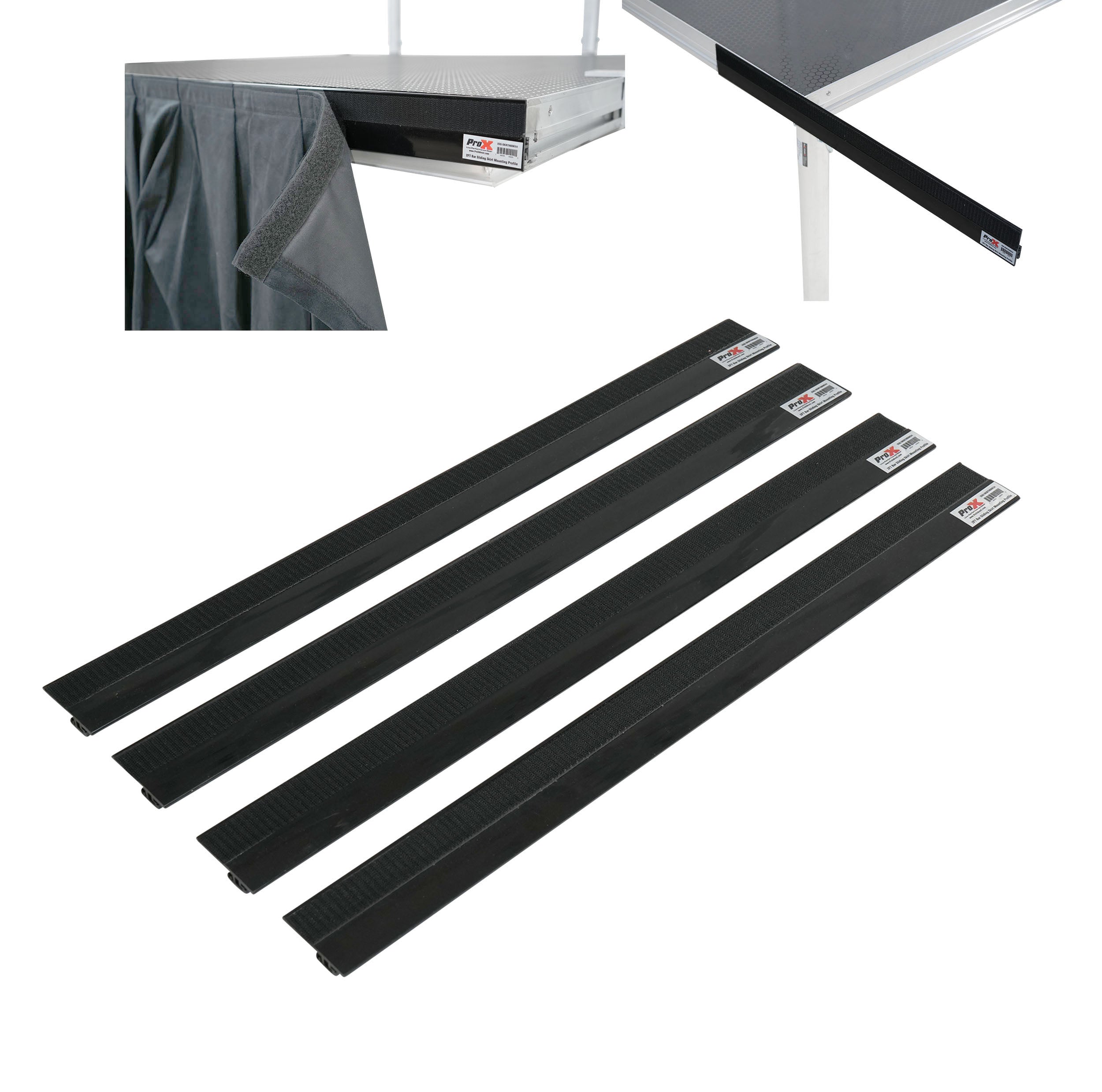 Stage Skirt Hook Profile Bar with Integrated Hook-and-Loop Strip – 2ft Sliding Mount (4 Pack)