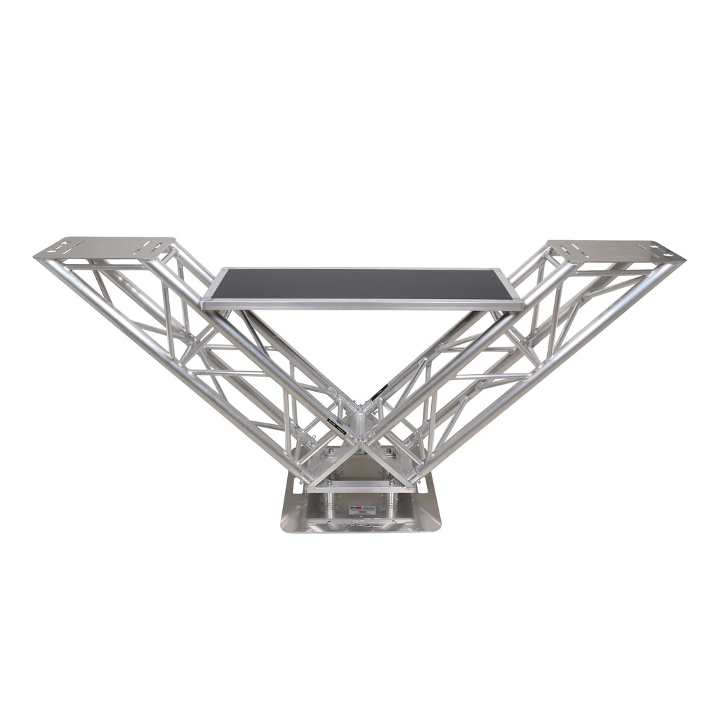 VERRAZANO V-Shape Aluminum Truss DJ Table with Elevated Monitor Shelves and 24" Base Plate