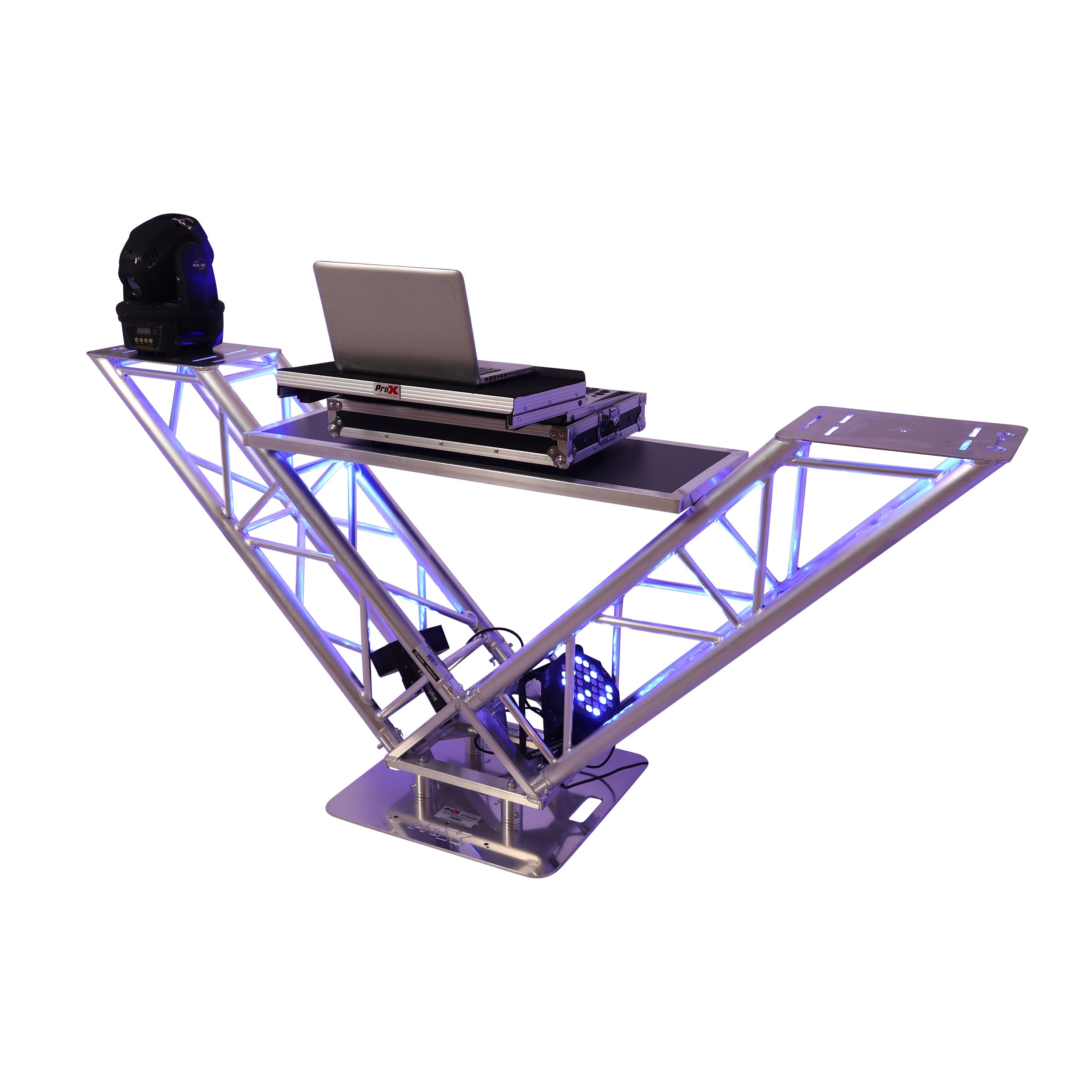 VERRAZANO V-Shape Aluminum Truss DJ Table with Elevated Monitor Shelves and 24" Base Plate
