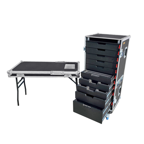 ATA Style 10 Rolling Utility Drawer Locking Tool Chest Organizer Flight Case with Folding Table and Casters