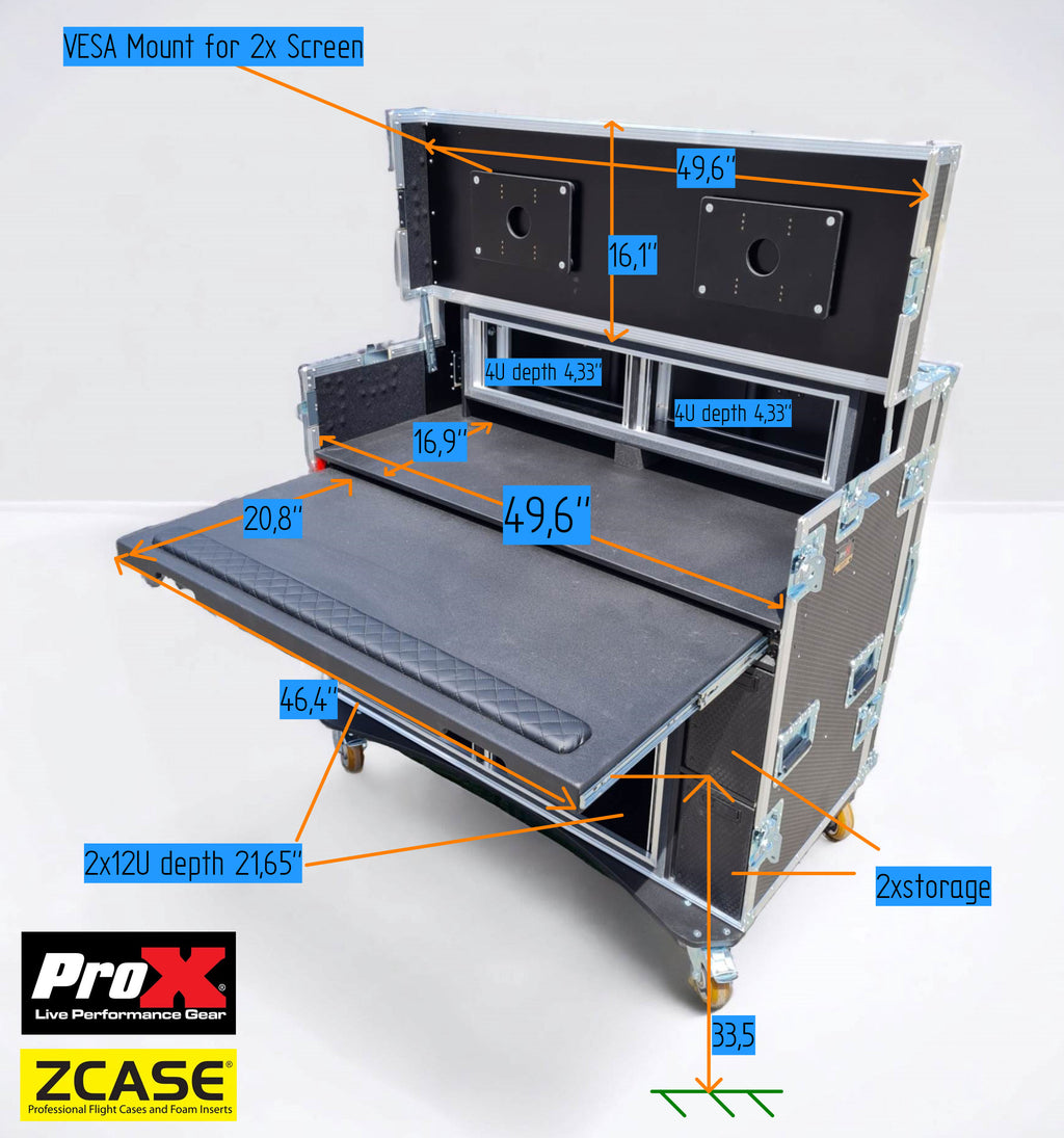 Mobile AV Broadcasting Streaming Recording Studio Workstation Case with 2x 4U Top 2x 12U Bottom