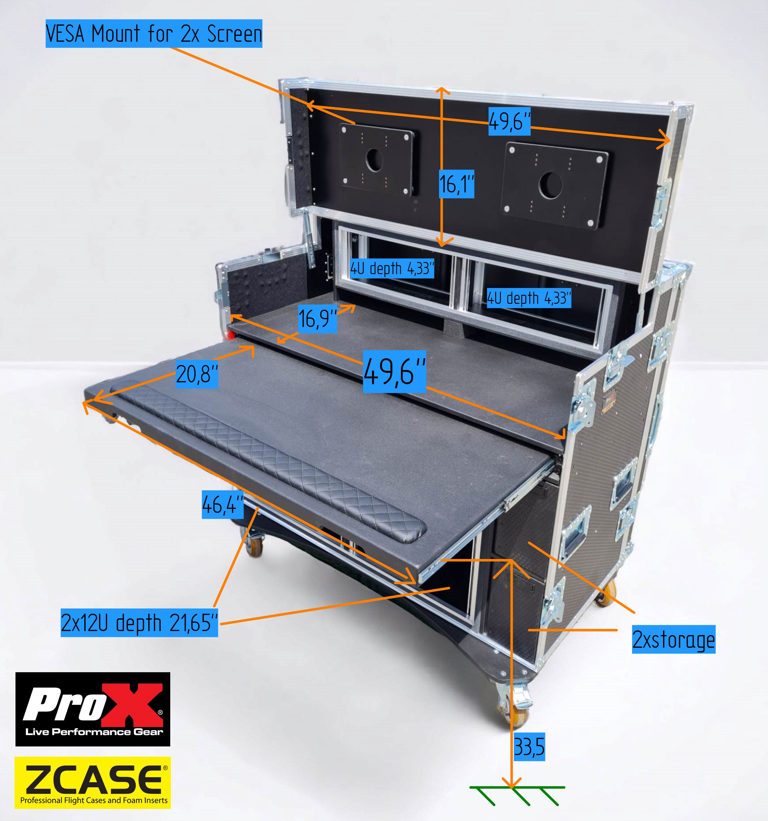Mobile AV Broadcasting Streaming Recording Studio Workstation Case with 2x 4U Top 2x 12U Bottom Black Finish