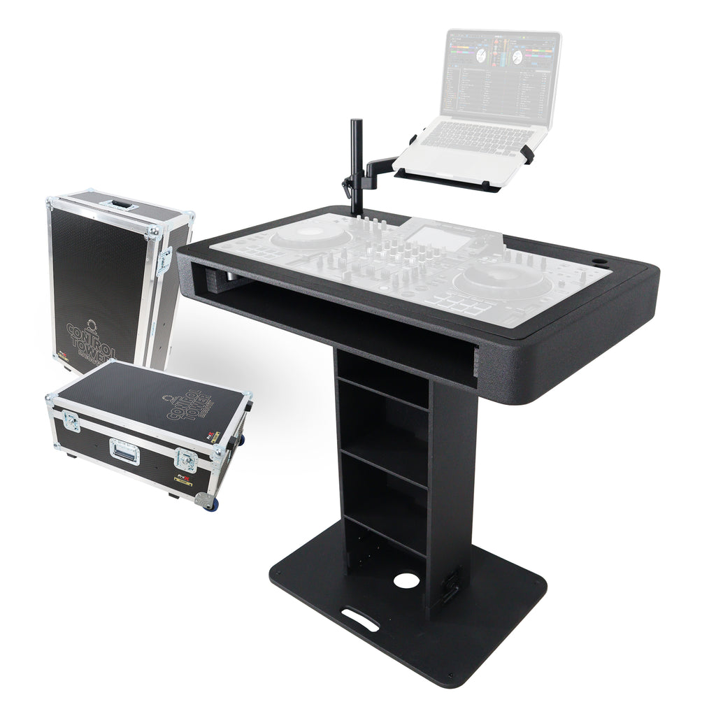 Control Tower DJ Podium with Road Cases for Pioneer DDJ-REV7 DDJ-FLX10 XDJ-XZ RANE Four - Black Finish