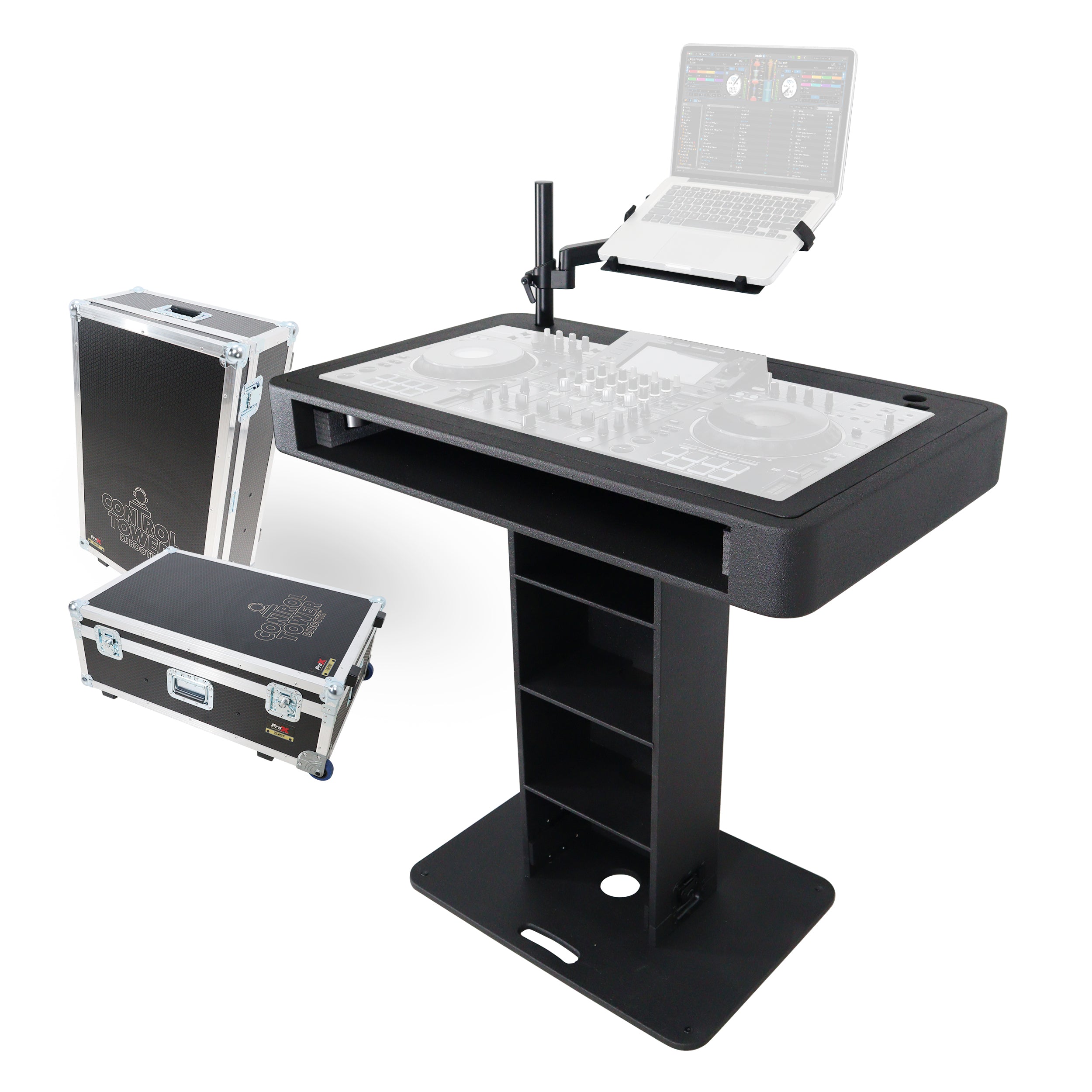 Control Tower DJ Podium with Road Cases for Pioneer DDJ-REV7 DDJ-FLX10 XDJ-XZ RANE Four - Black Finish