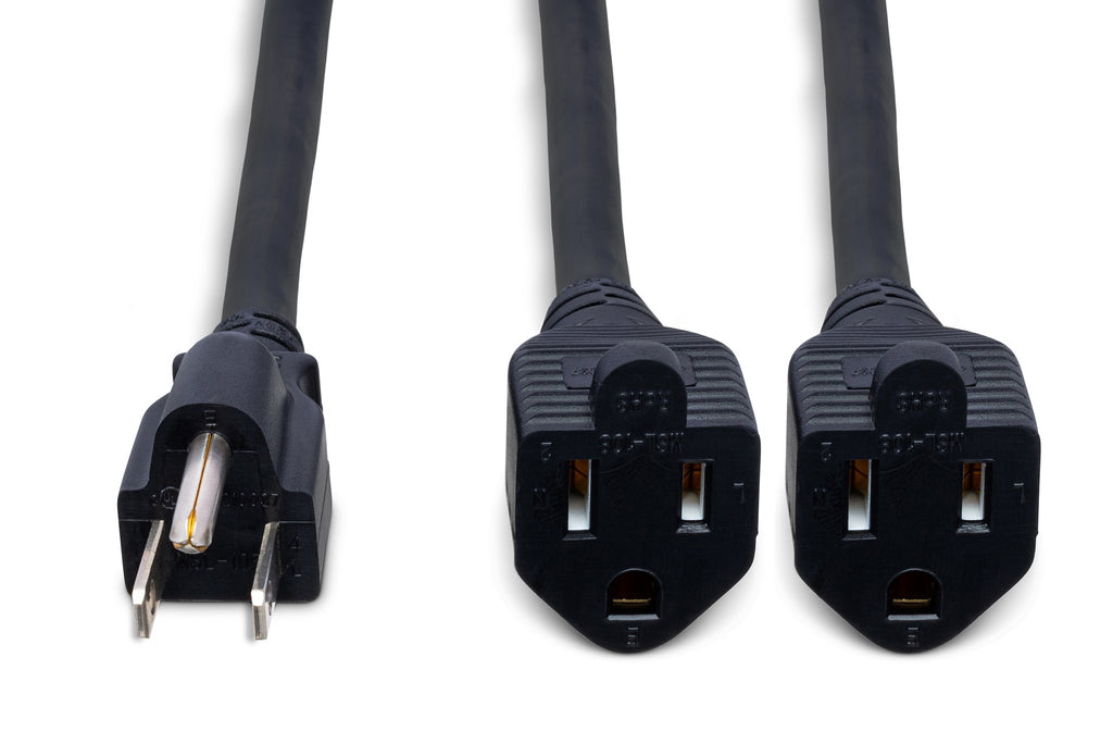 Power Extension Y Cable, Dual NEMA 5-15R to NEMA 5-15P, 18 AWG x 3 OFC - Front
