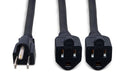 Power Extension Y Cable, Dual NEMA 5-15R to NEMA 5-15P, 18 AWG x 3 OFC - Front