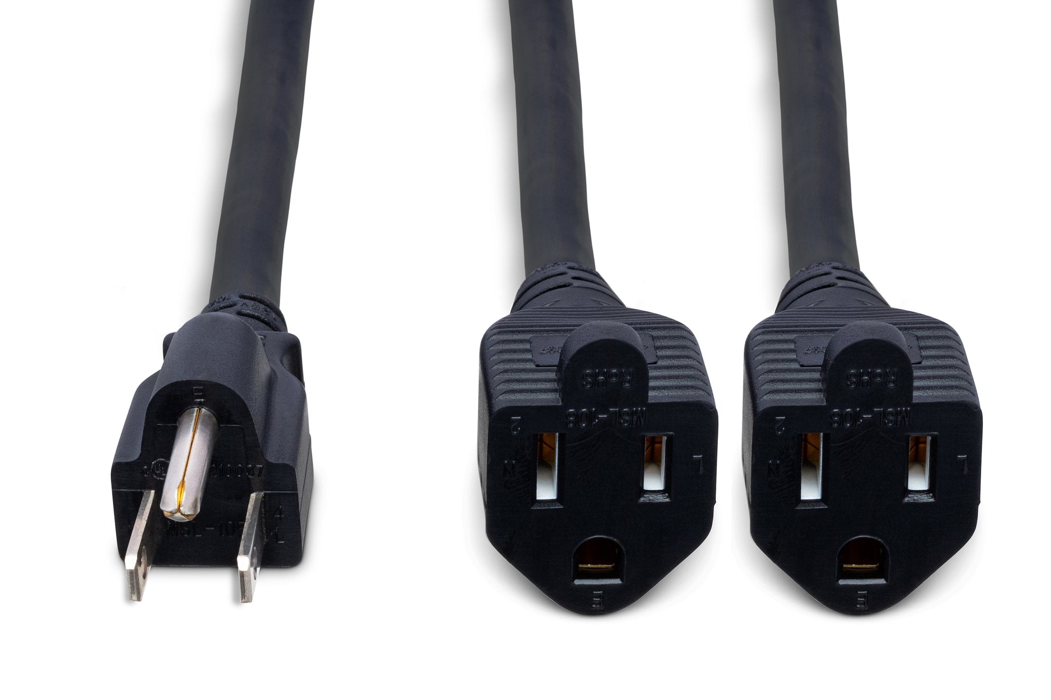 Power Extension Y Cable, Dual NEMA 5-15R to NEMA 5-15P, 18 AWG x 3 OFC - Front
