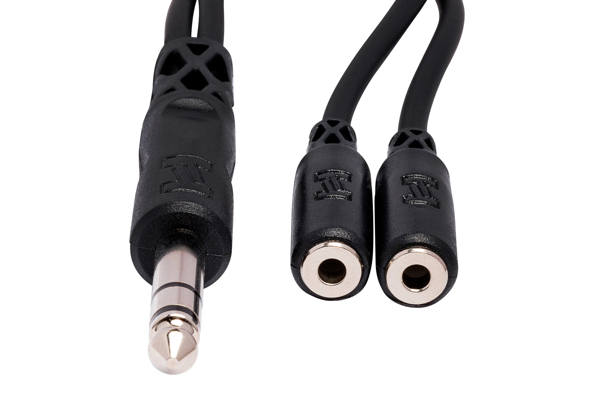 Y Cable, 1/4 in TRS to Dual 3.5 mm TRSF - Front