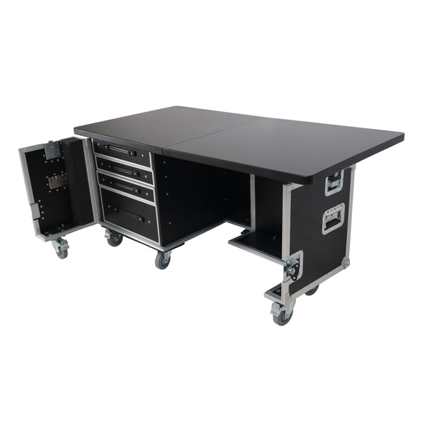 Mobile Office Foldable Pro Desk Flight case Workstation 60x30" Table Top, Drawer and Wheels