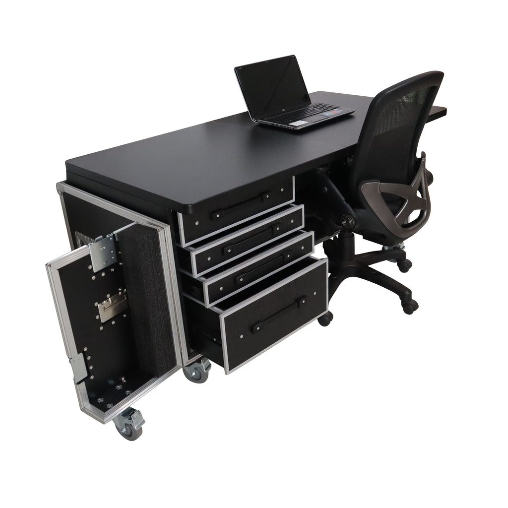 Mobile Office Foldable Pro Desk Flight case Workstation 60x30" Table Top, Drawer and Wheels