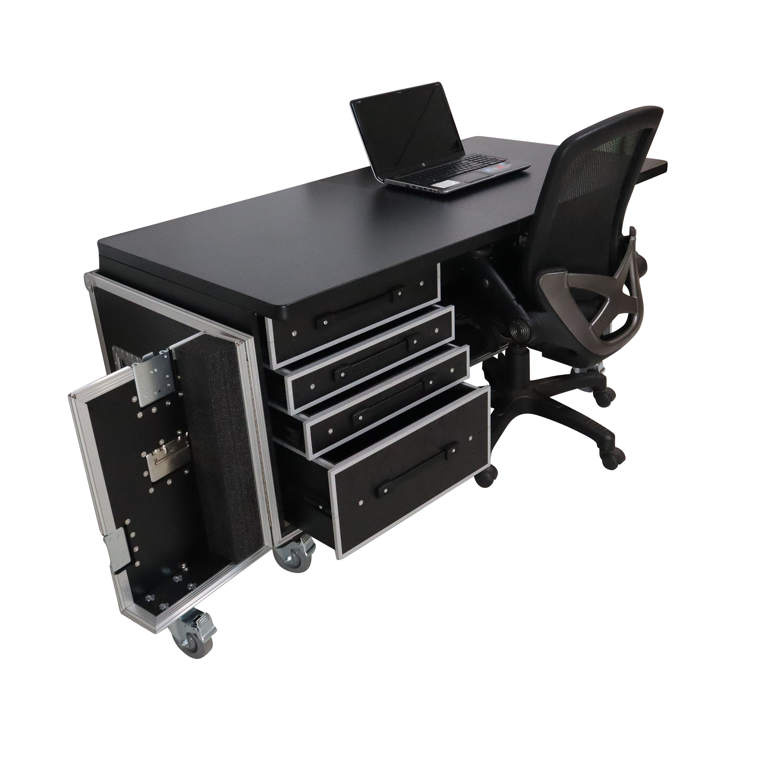Mobile Office Foldable Pro Desk Flight case Workstation 60x30" Table Top, Drawer and Wheels