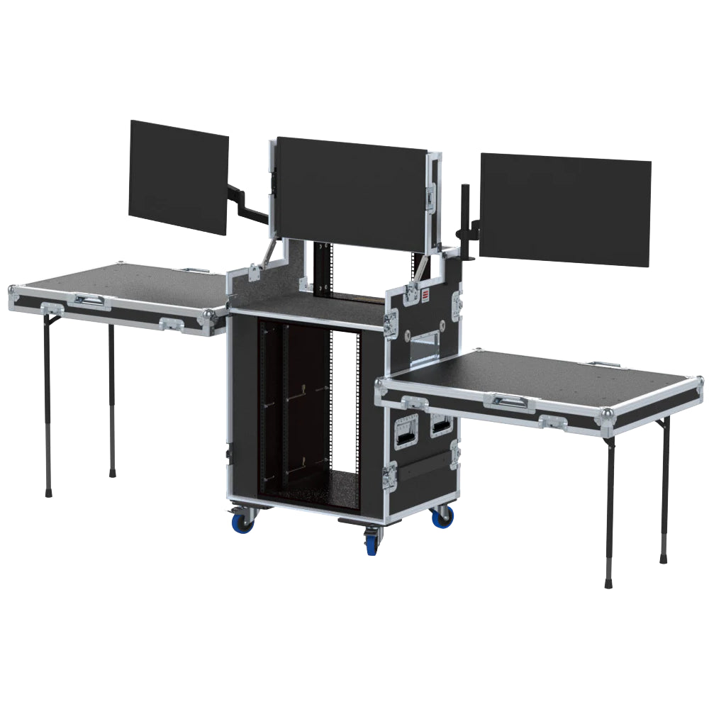 Video Control Workstation Flight Case 16U + 5U Rack with Dual Side Tables & Triple Monitor Mount by Santosom