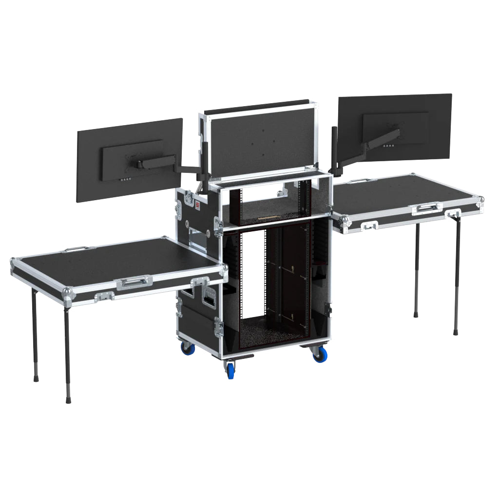 Video Control Workstation Flight Case 16U + 5U Rack with Dual Side Tables & Triple Monitor Mount by Santosom