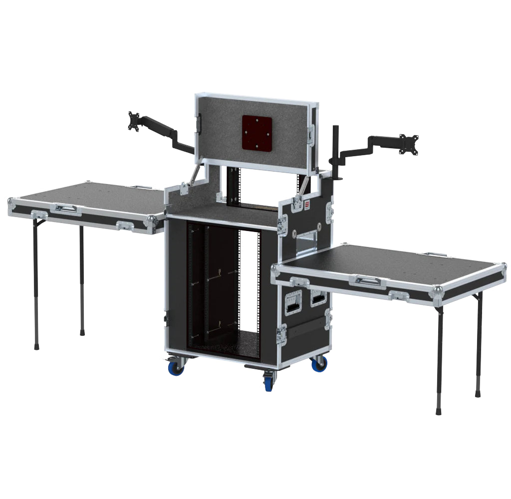 Video Control Workstation Flight Case 16U + 5U Rack with Dual Side Tables & Triple Monitor Mount by Santosom