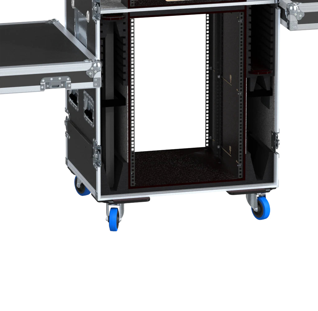 Video Control Workstation Flight Case 16U + 5U Rack with Dual Side Tables & Triple Monitor Mount by Santosom