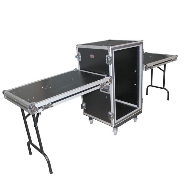 14U Vertical Shockproof Amp/Rack Case W/Dual Side Tables & 4 Casters (24" Rail to Rail)