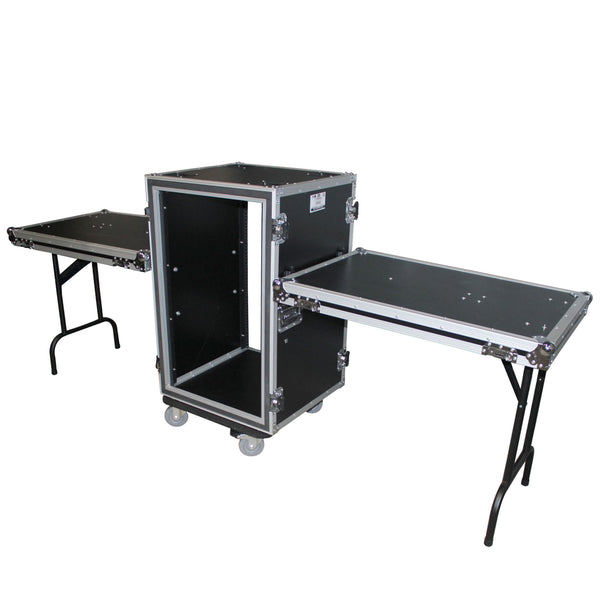 16U Vertical Shockproof Amp Rack Case W-Side Tables 19 In Depth W-Casters